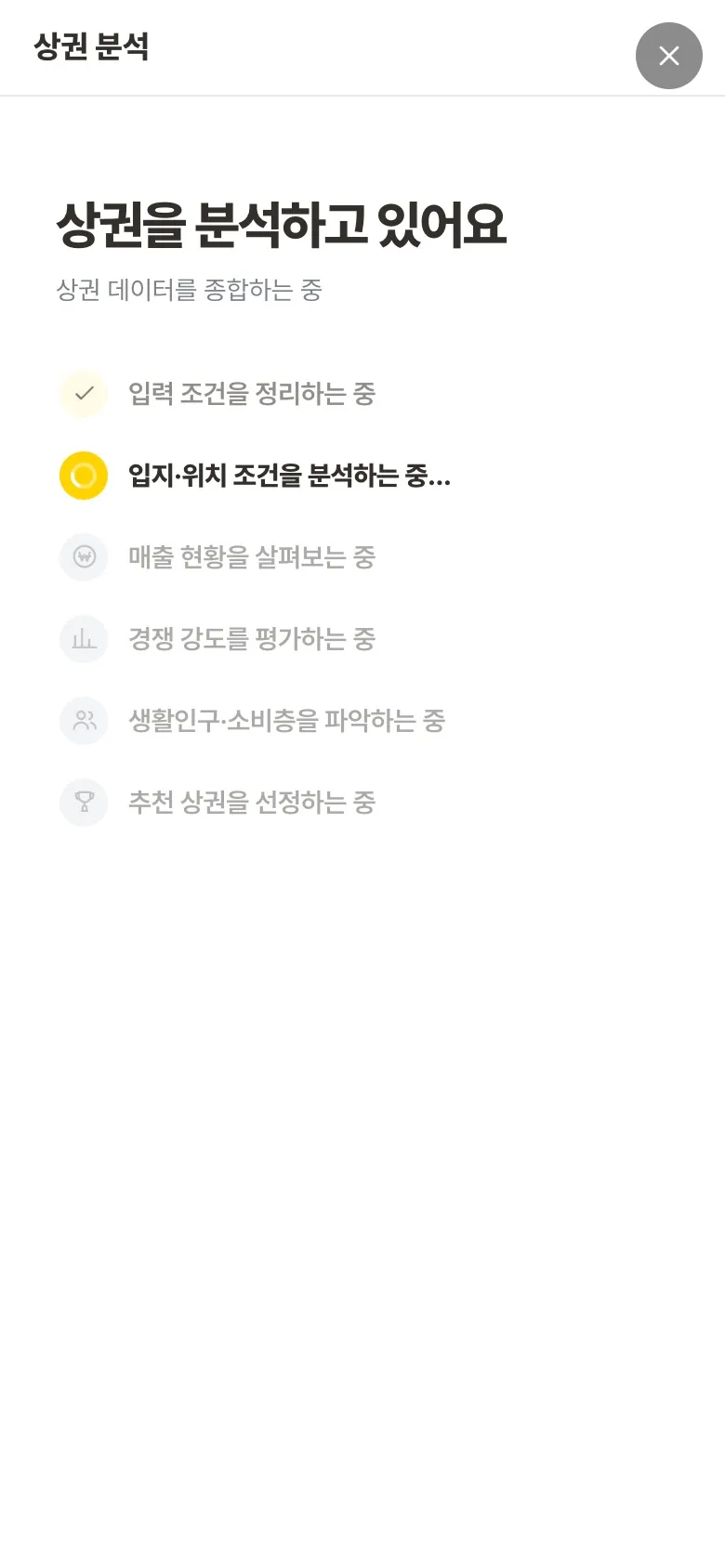 분석 진행 — 입지·위치, 매출 현황, 경쟁 강도, 생활인구·소비층 순서로 데이터를 종합하는 단계 표시